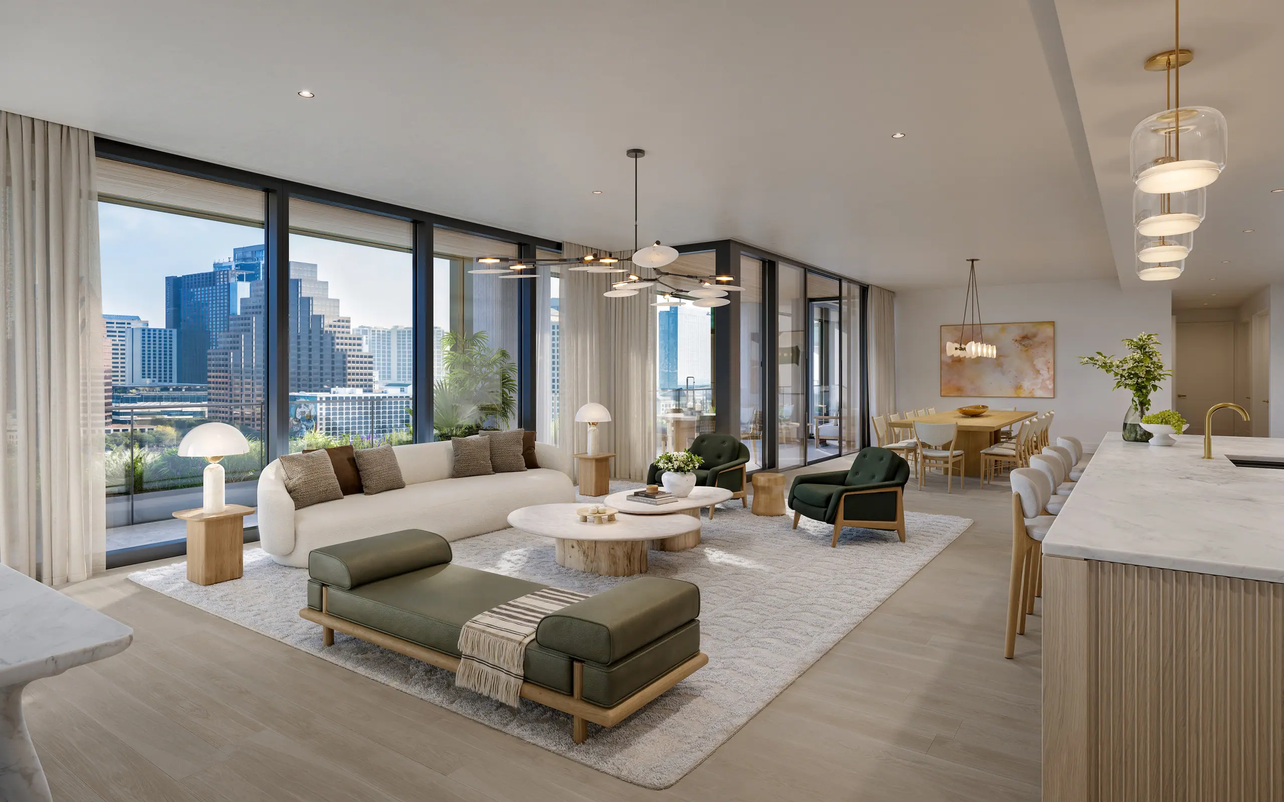 Open-plan living room with a curved cream sofa, a green upholstered daybed, a round white coffee table and two olive armchairs, with dining beyond and floor-to-ceiling windows facing downtown towers.