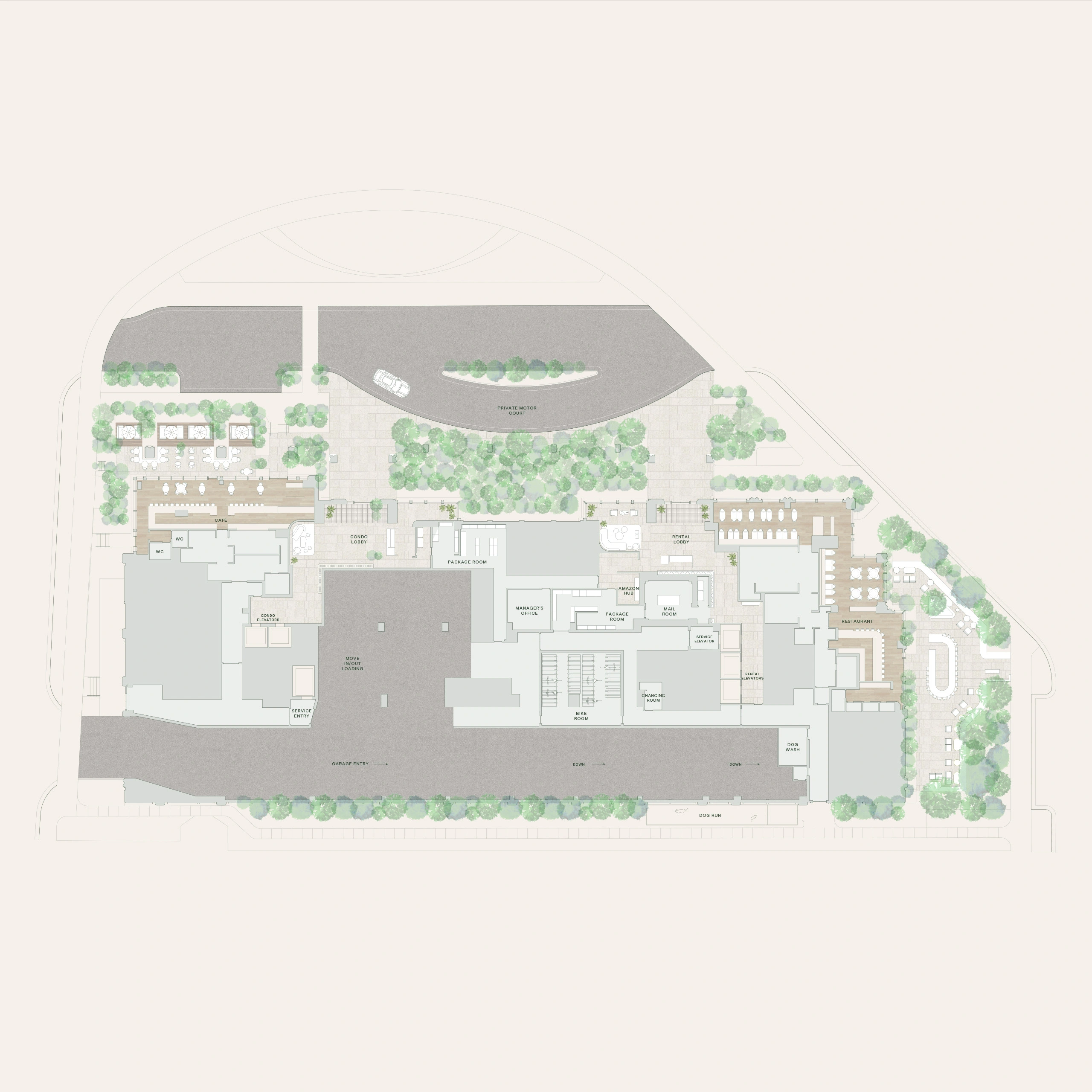 Private landscaped motor court with valet parking, lobby with 27/7 concierge, resident only on-site sub grade parking, all-day café, full-service restaurant, and dog run / dog wash.