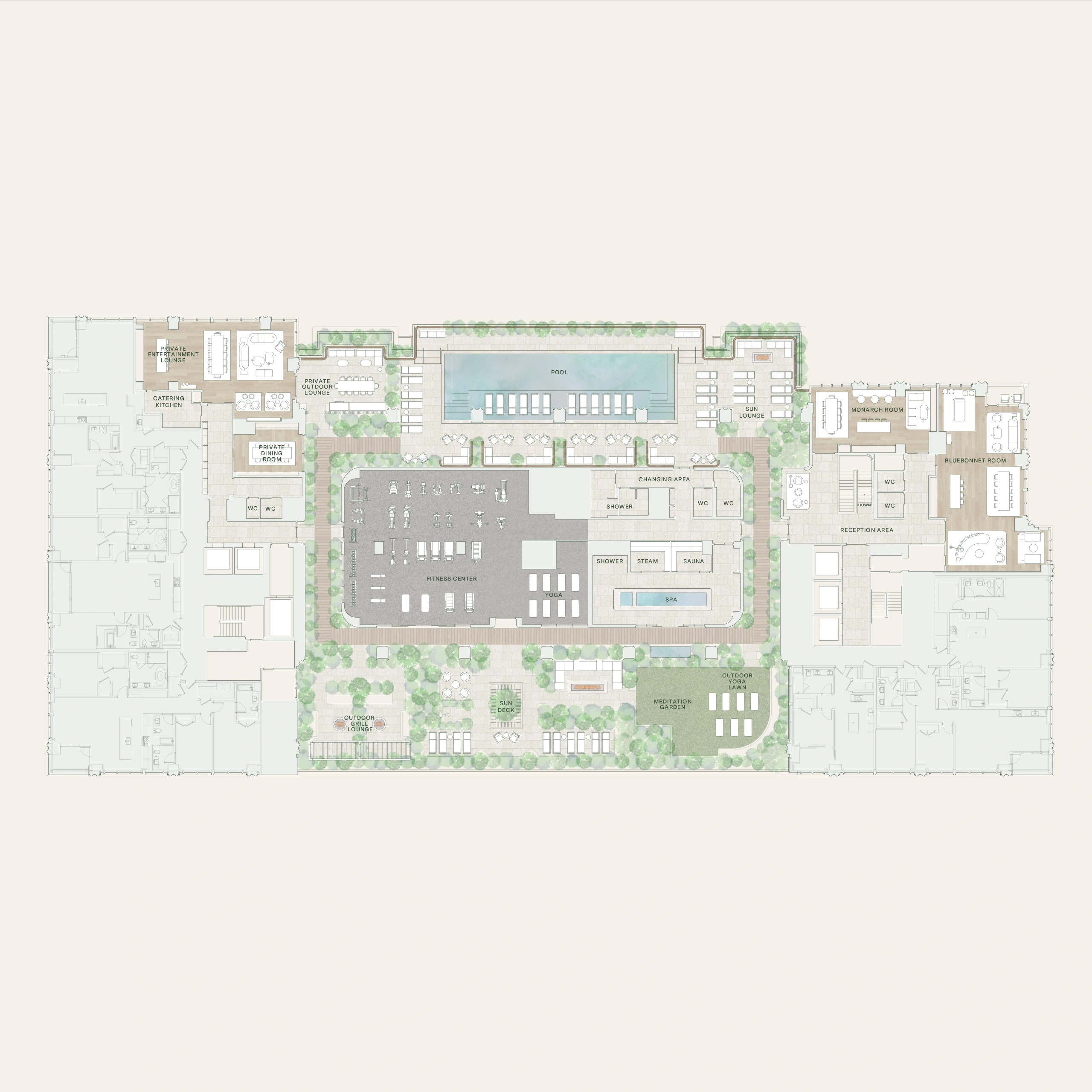 Co-working lounge with conference rooms, meeting rooms, private offices and a cafe/pantry space, golf simulator lounge, jam / music room, dedicated podcast studio and private resident storage.