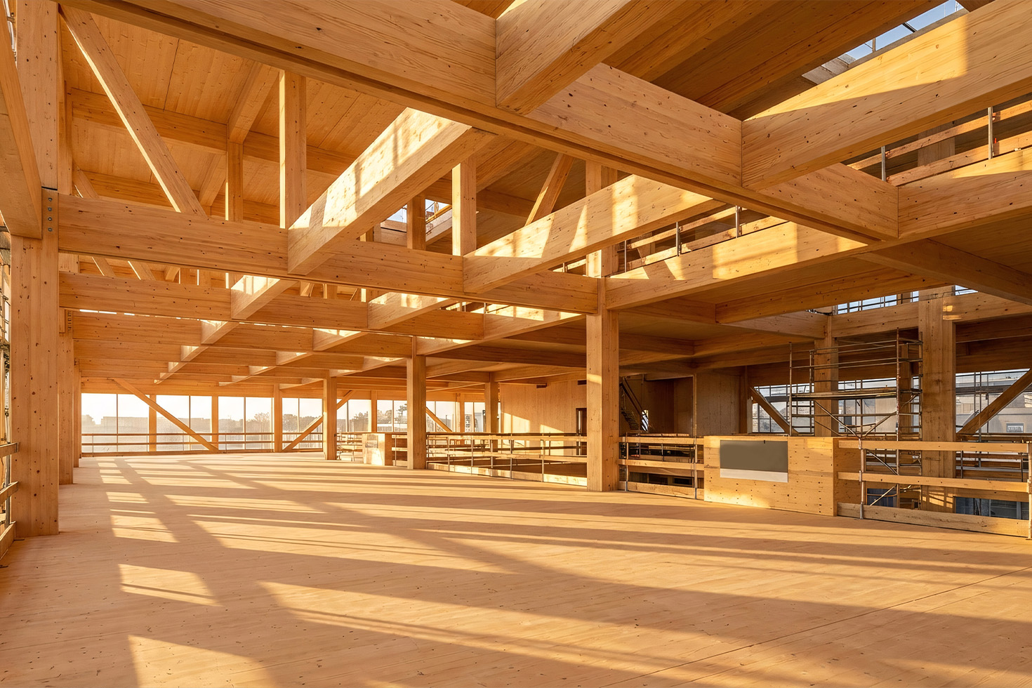An open floor plate under construction, framed in timber with light falling through the structure