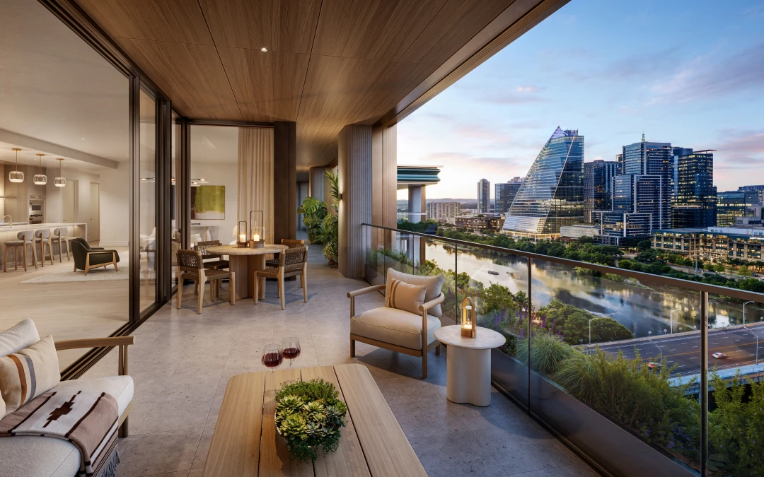 Rendering of a residence terrace at dusk, with dining and lounge seating opening from the interior and views over Lady Bird Lake to the downtown Austin skyline