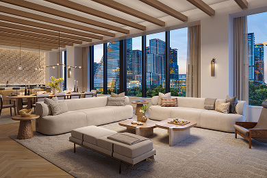 Rendering of an open-plan great room at dusk, with the kitchen and dining area behind and floor-to-ceiling windows framing the downtown Austin skyline