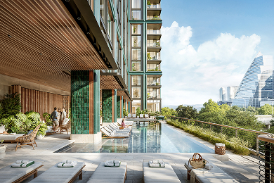 Rendering of the pool deck, with sun loungers set along a long pool beneath the tower's green-tiled façade and the downtown skyline beyond