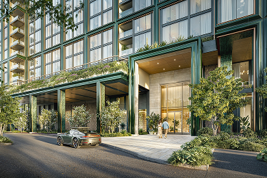 Rendering of the private motor court, with a car at the covered entrance and planting running the length of the drive