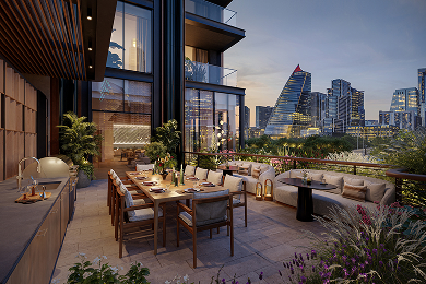 Rendering of an outdoor dining terrace at dusk, with a long table beneath a timber soffit and the downtown Austin skyline beyond