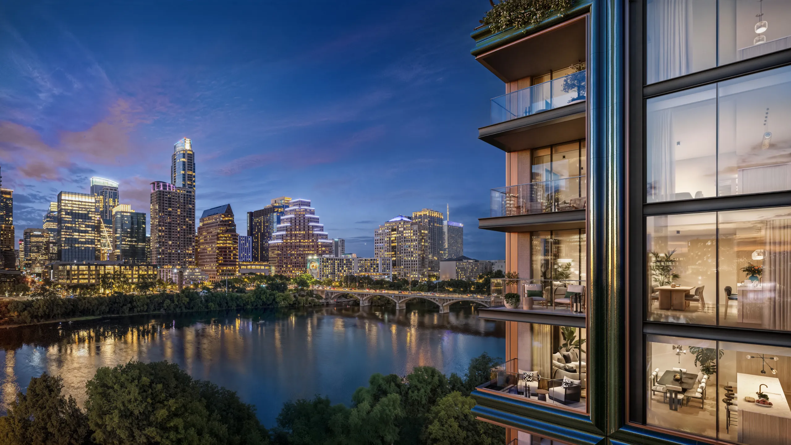 Rendering of the tower's corner residences lit at dusk, with Lady Bird Lake and the downtown Austin skyline beyond