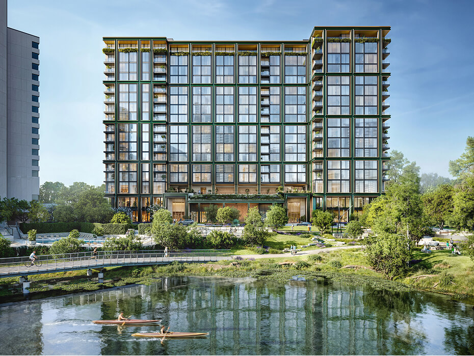 Rendering of One Lady Bird Lake seen from the water, with kayakers on the lake, the hike-and-bike trail crossing in front, and the tower's green-framed façade rising behind the treeline