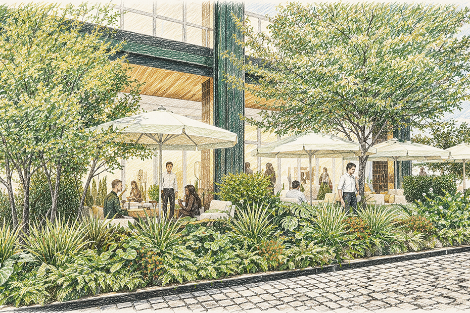 Illustrated rendering of the ground-level gardens, with café tables under umbrellas set among planting beside the building