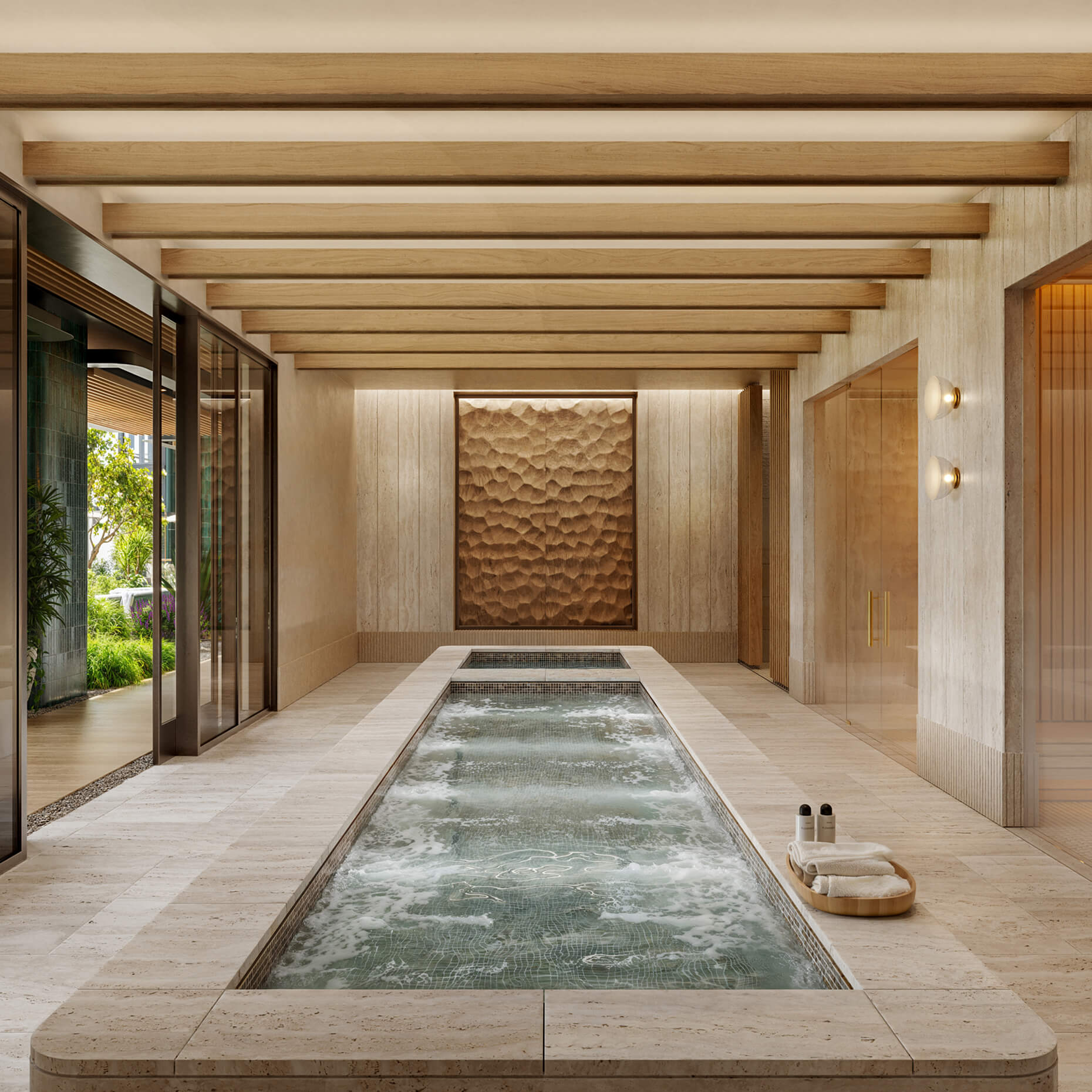 Rendering of the spa suite, with a long plunge pool beneath timber beams and a textured bronze wall, opening to a garden