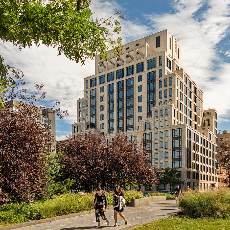 70 Vestry in New York, a terraced limestone and glass building beside a landscaped public park