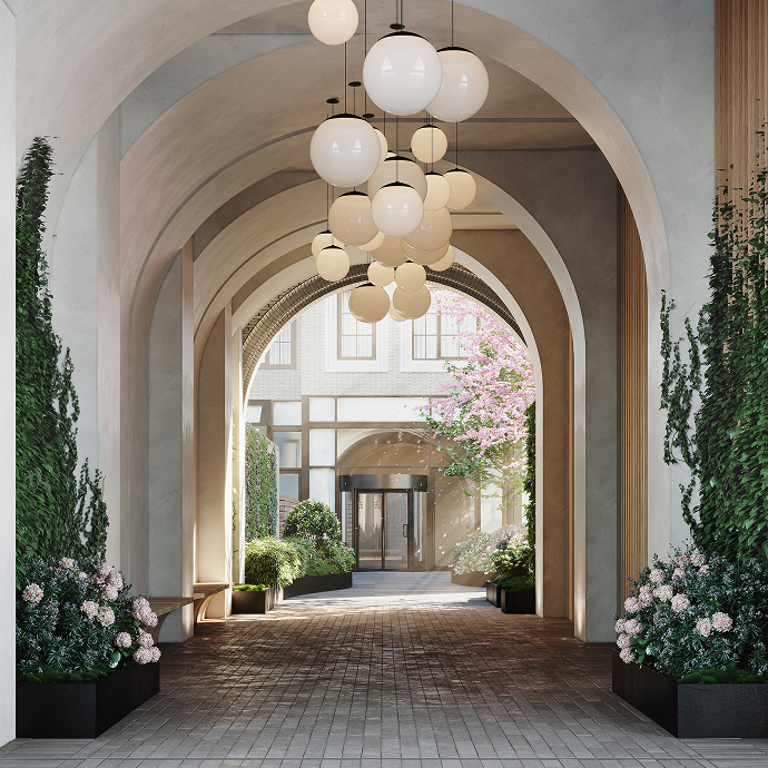An arched, vaulted passage lined with planting and hanging globe lights at Post House in Brooklyn