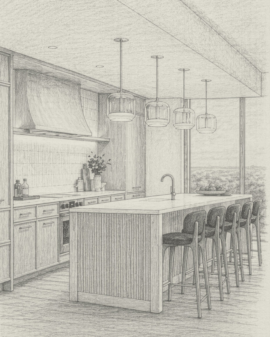 Illustrated sketch of a One Lady Bird Lake kitchen, showing the island, pendant lighting and cabinetry