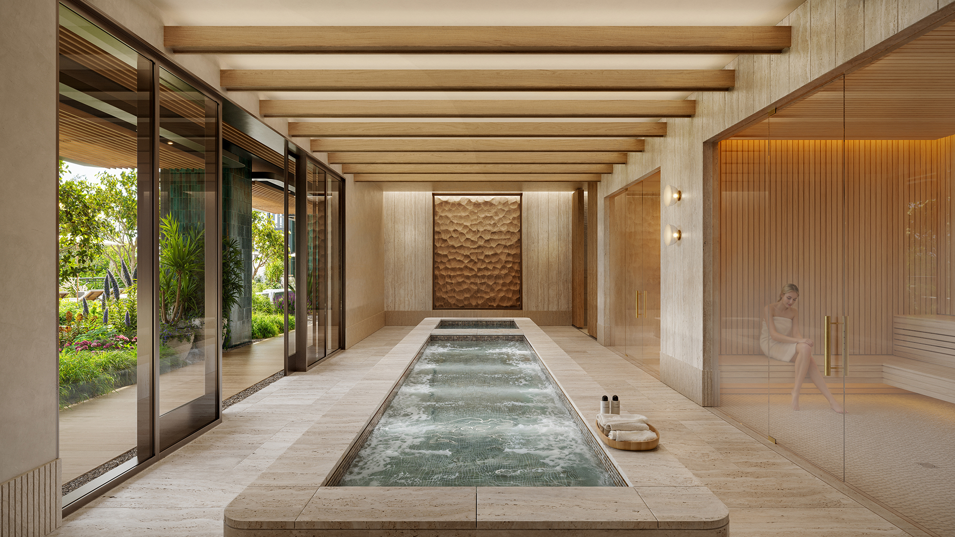Rendering of the spa suite, with a long plunge pool beneath timber beams and a textured bronze wall, opening to a garden